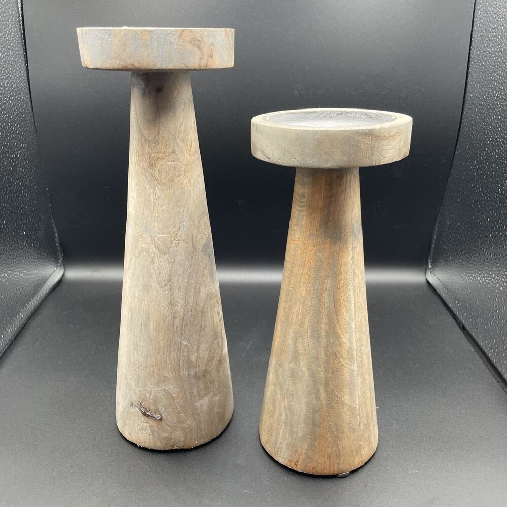 Pair Candle Holder Wood Pillar Grey Wash 10" & 12"